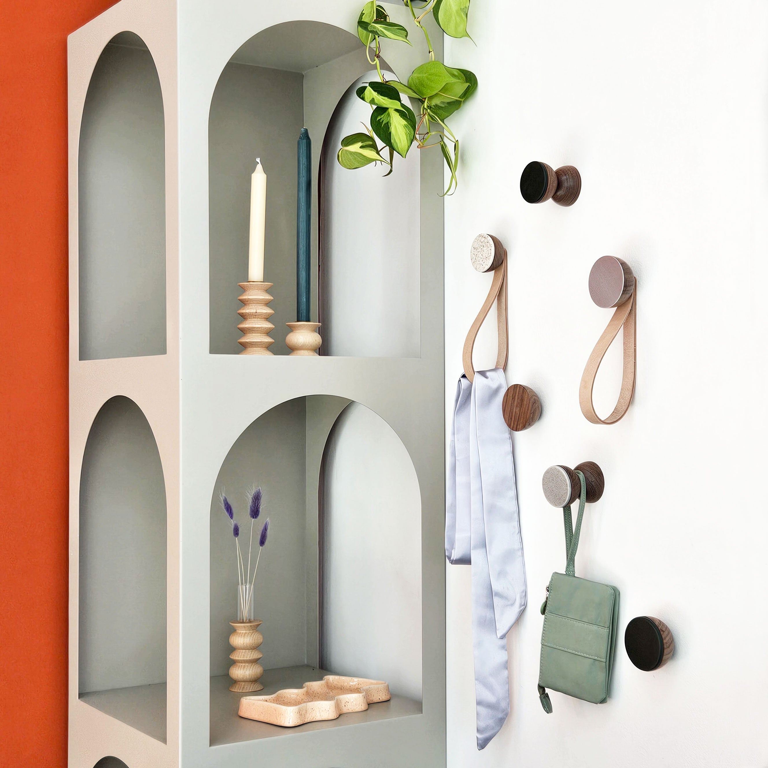 Round Walnut Wood & Aluminium Wall Mounted Hook / Hanger with Leather Strap-4