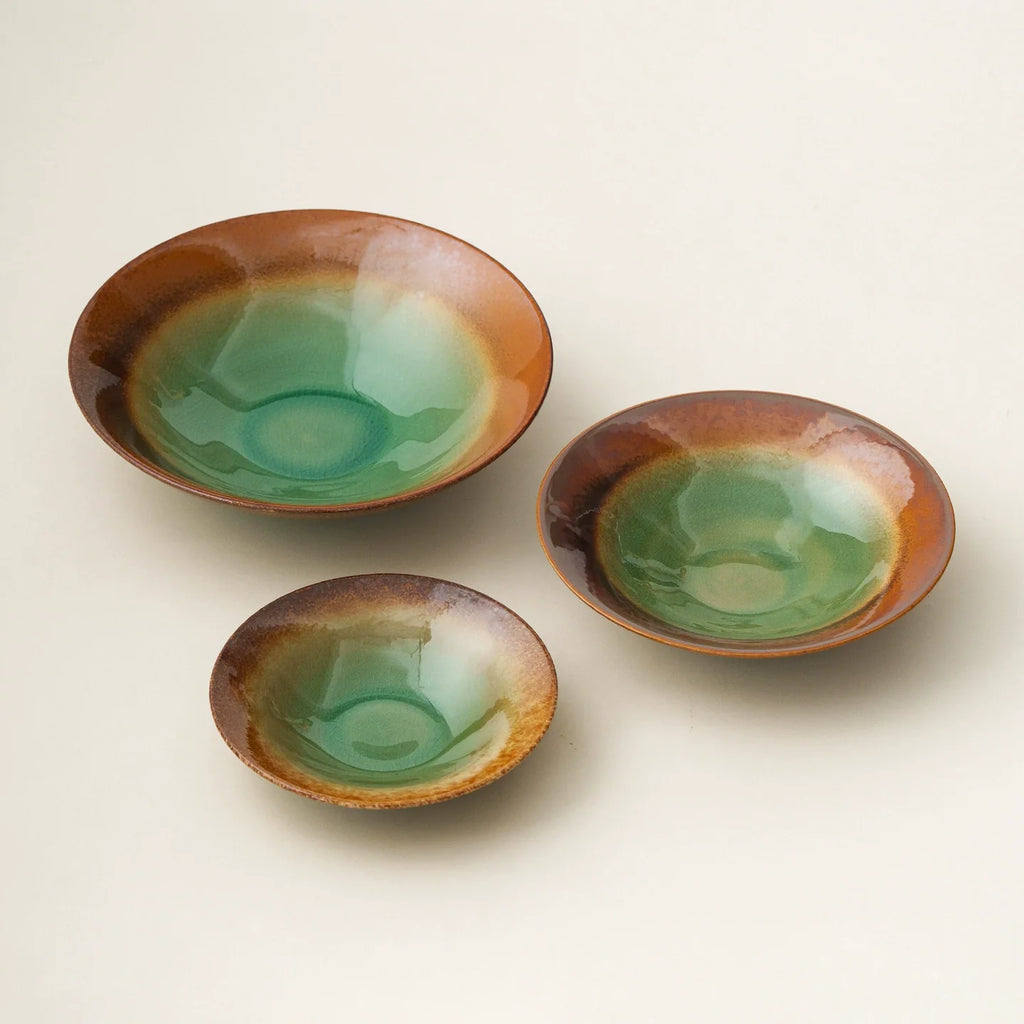 Jade & Amber Ice-Crackle Ceramic Bowl – Artisanal Flared Stoneware-3