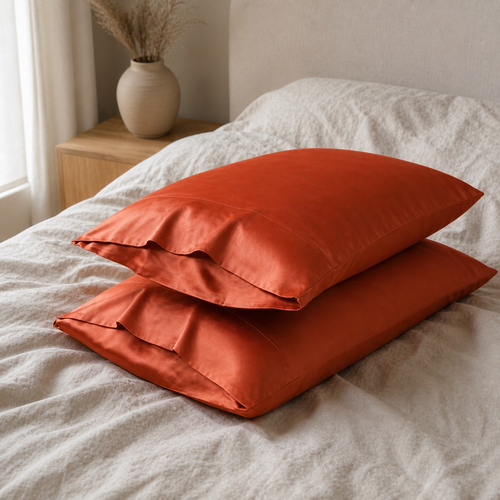 Duo de taies en soie de mûrier – Orange brûlé, photographie réaliste
