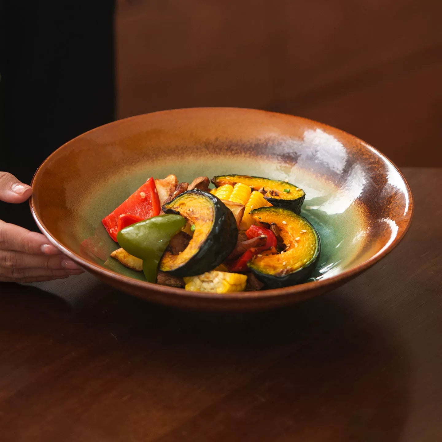 Jade & Amber Ice-Crackle Ceramic Bowl – Artisanal Flared Stoneware-4