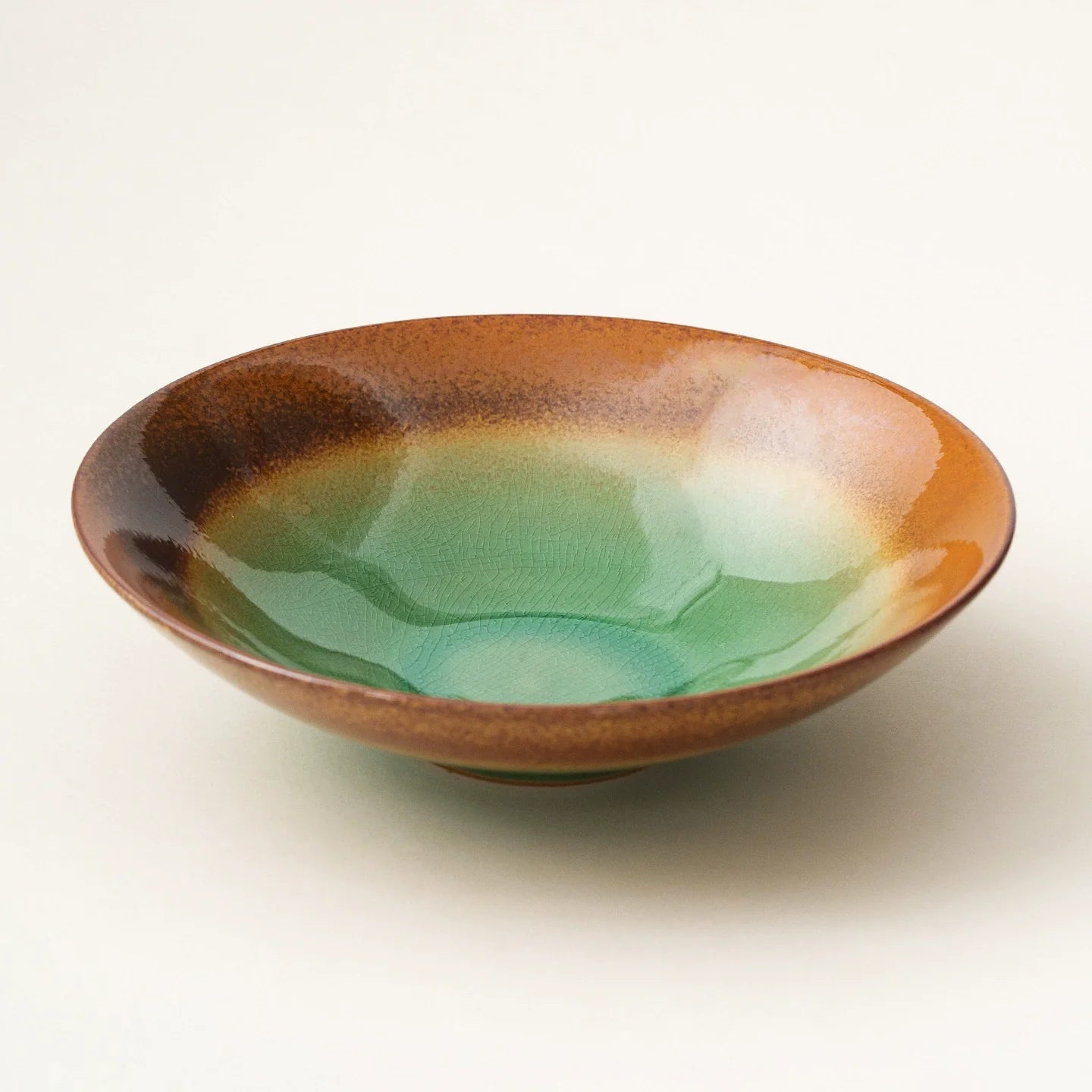 Jade & Amber Ice-Crackle Ceramic Bowl – Artisanal Flared Stoneware-1