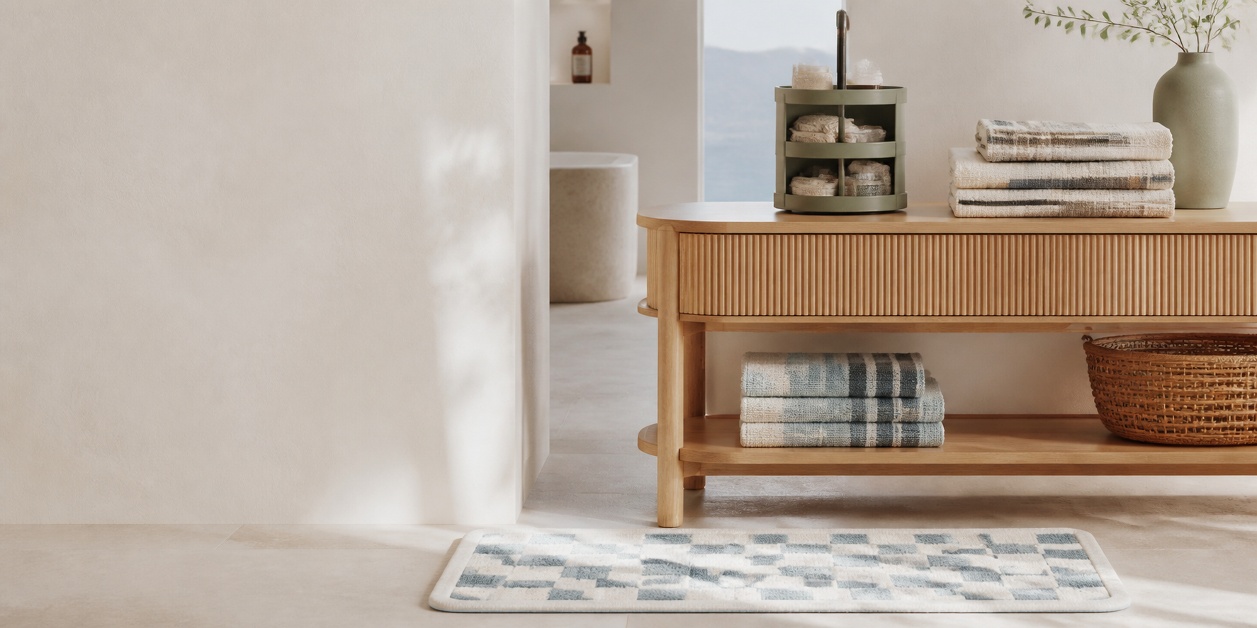 Salle de bain lumineuse Maison Morgélia avec serviettes, tapis et rangement