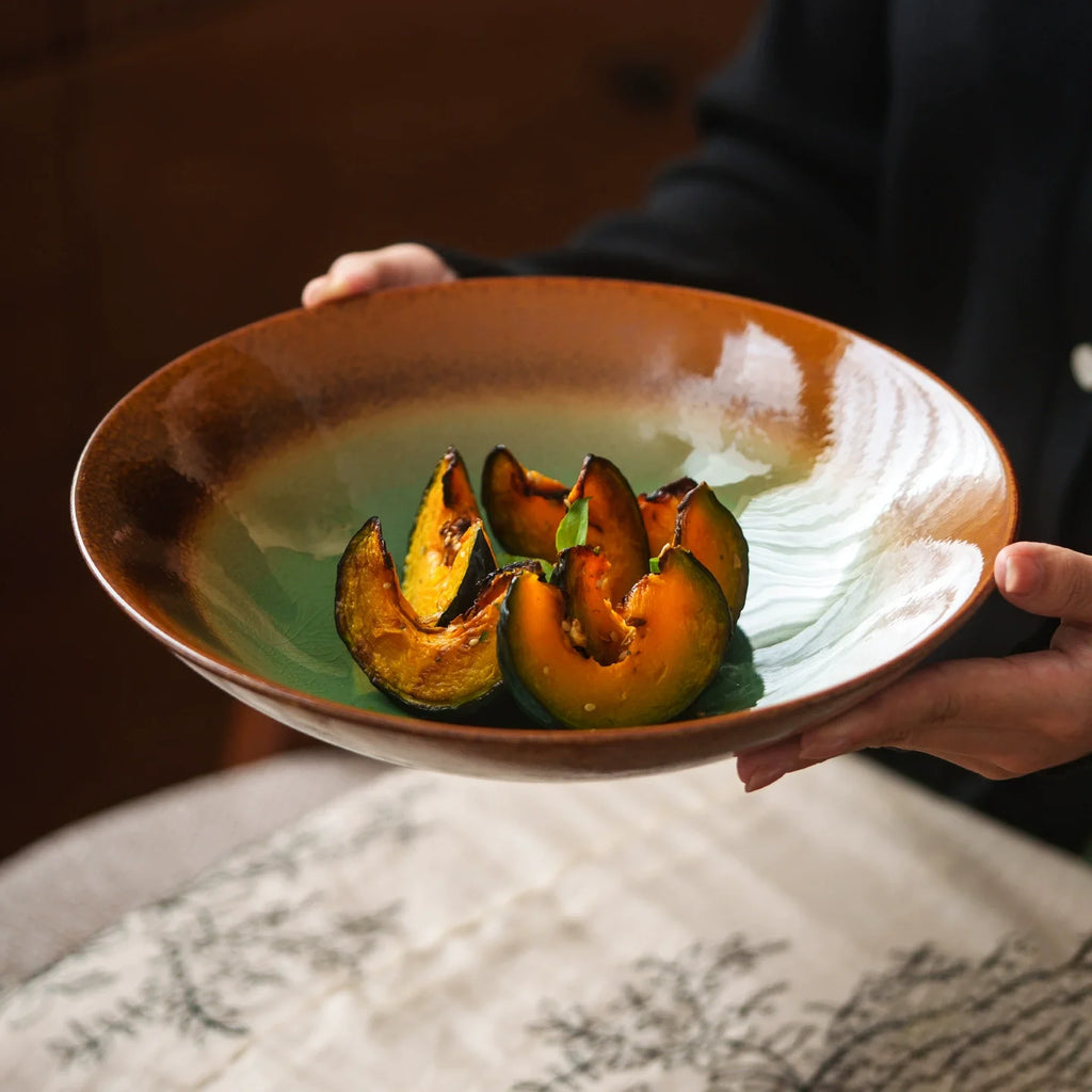 Jade & Amber Ice-Crackle Ceramic Bowl – Artisanal Flared Stoneware-0