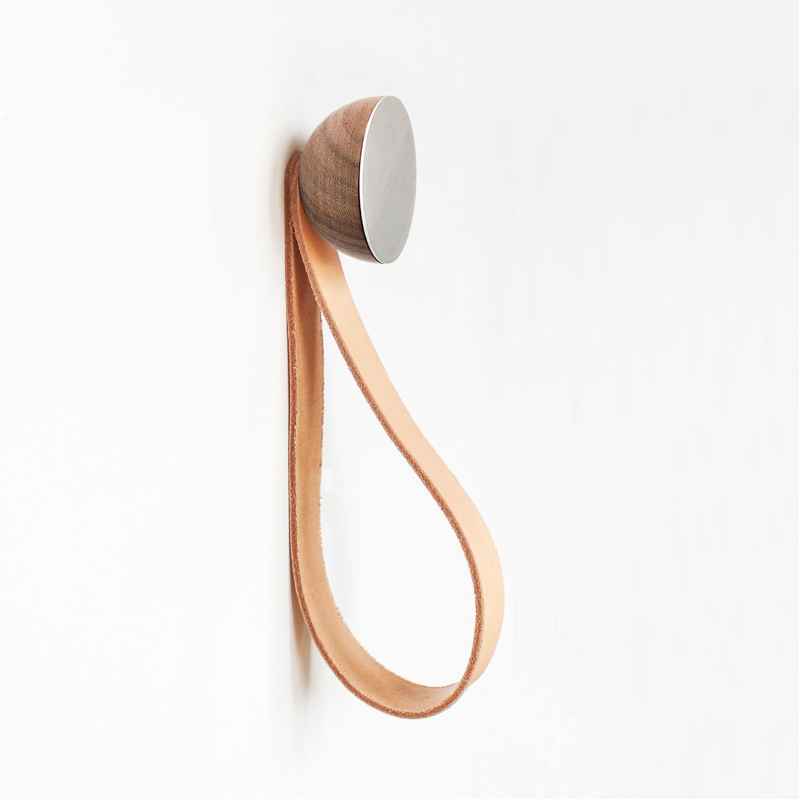 Round Walnut Wood & Aluminium Wall Mounted Hook / Hanger with Leather Strap-0