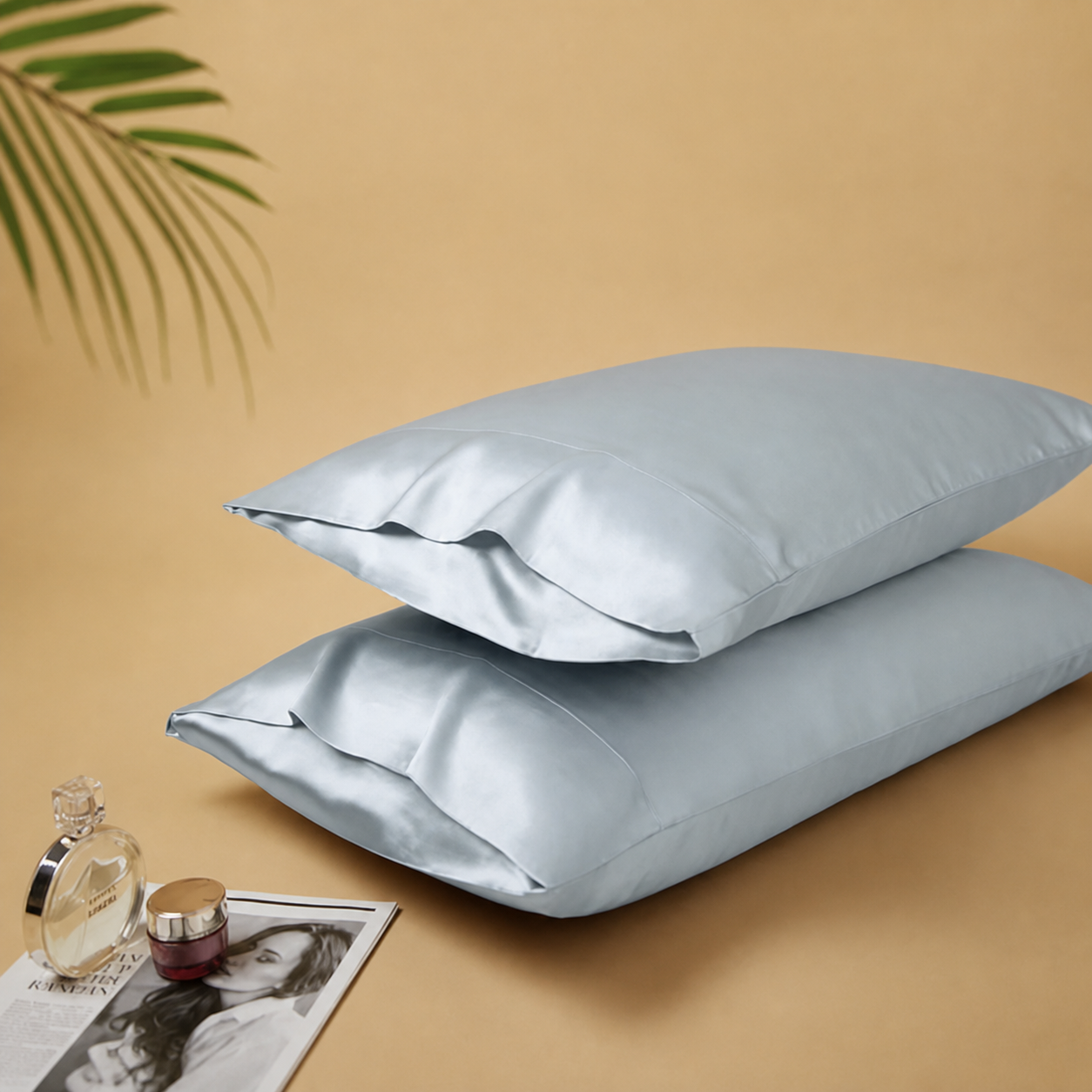 Duo de taies en soie de mûrier — Bleu brume